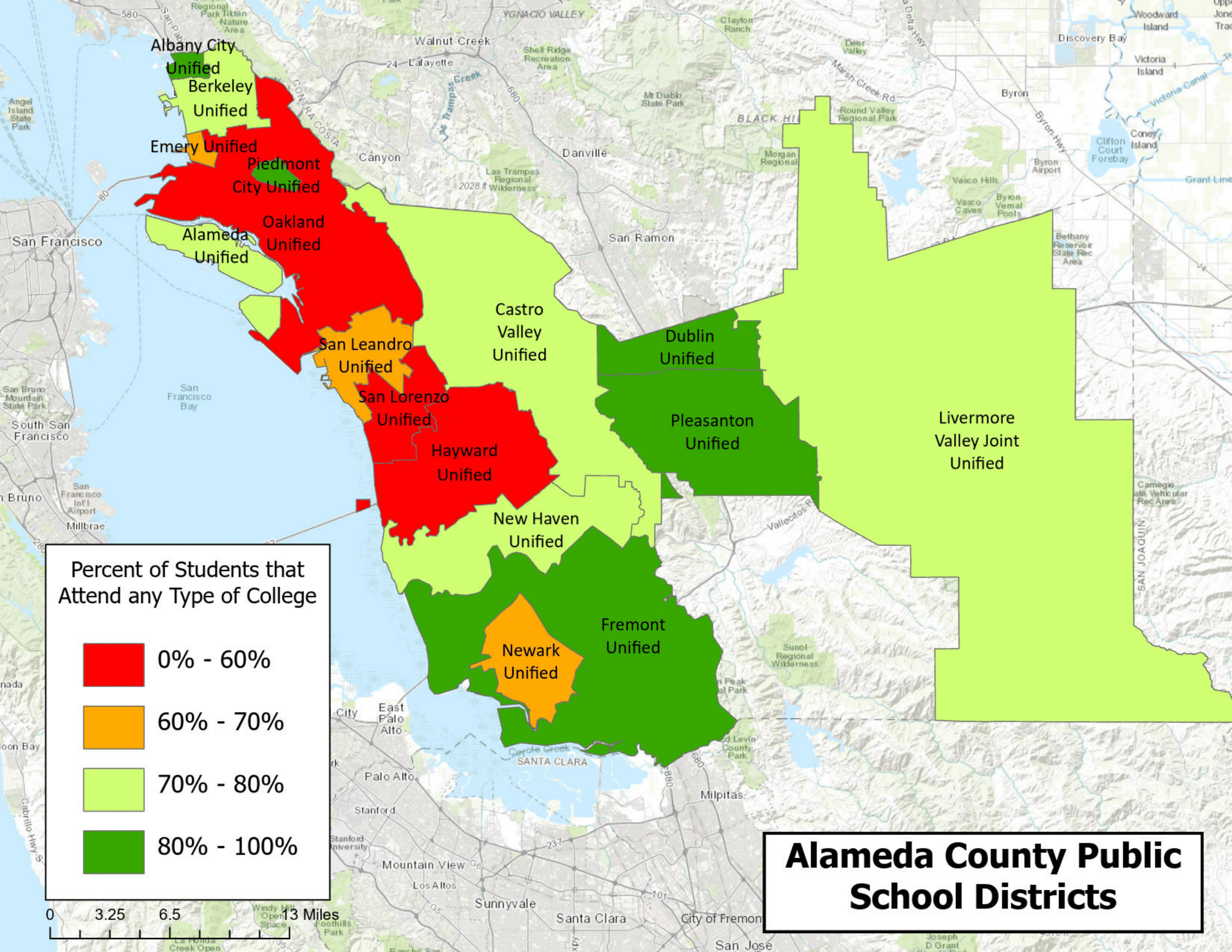 Map showing percent of students who attend any type of college for each region in Alameda County