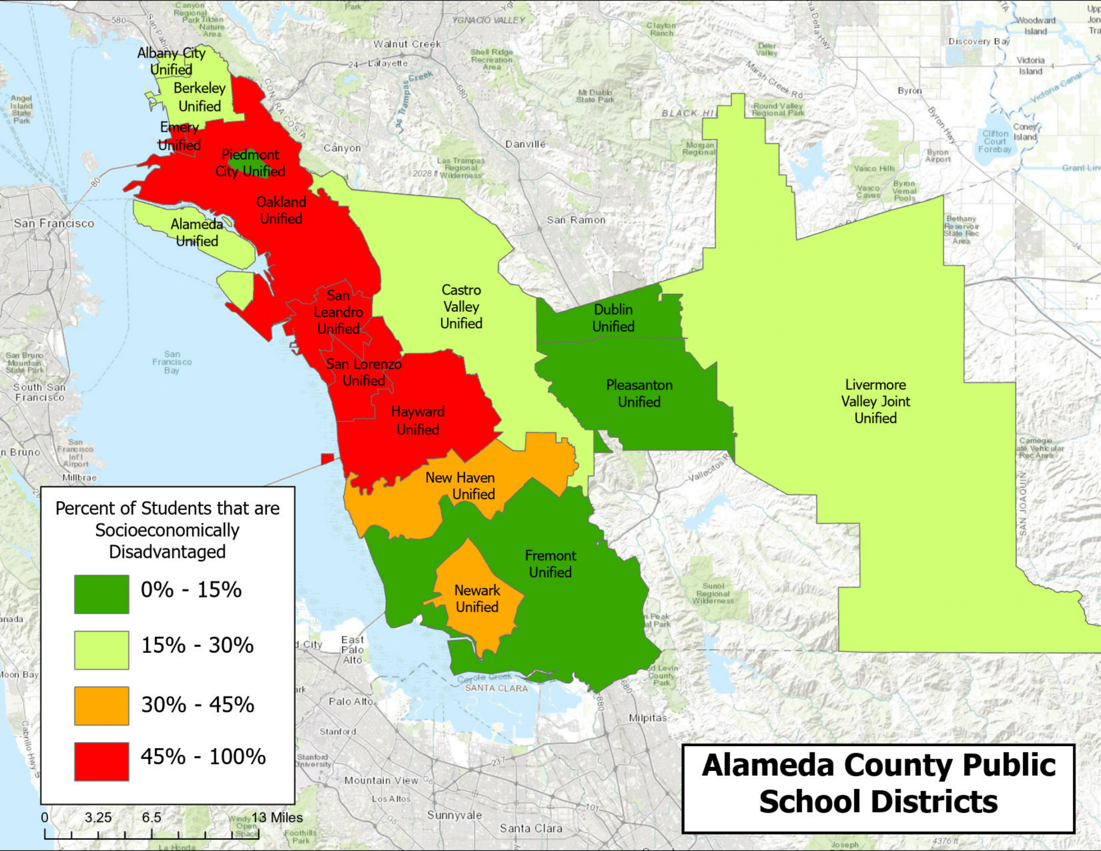 Map showing percent of socioeconomically disadvantaged students for each region in Alameda County